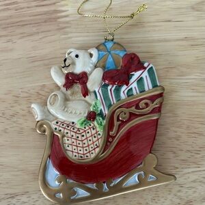 Fitz and Floyd Red and Gold Teddy Sleigh Ornament